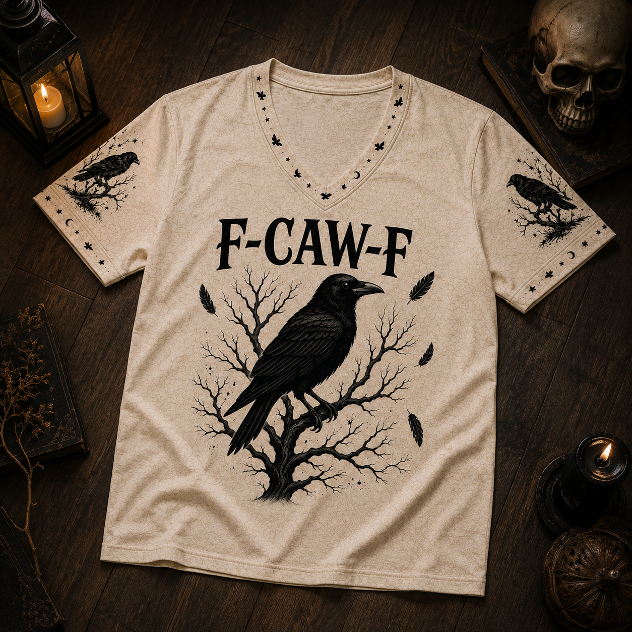 Funny Crow V-Neck T-Shirt, F-CAW-F Raven Graphic Tee, Gothic Halloween Shirt, Dark Humor Bird Lover Gift