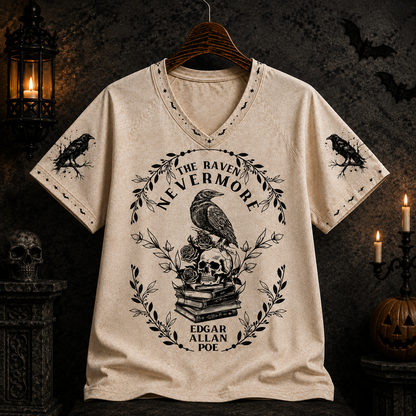 The Raven Nevermore Edgar Allan Poe V-Neck T-Shirt, Gothic Raven Skull Graphic Tee, Dark Academia Halloween Shirt, Literary Horror Gift