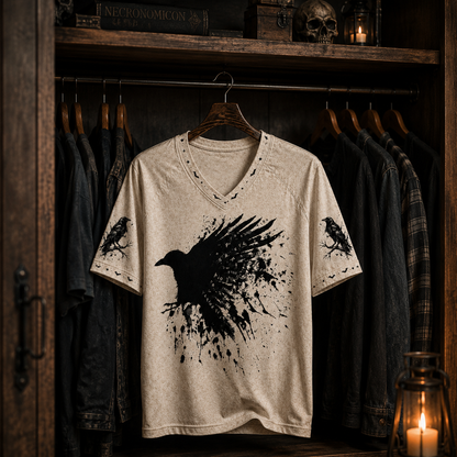 Spread Wings Raven Gothic V-Neck T-Shirt, Black Crow Silhouette Graphic Tee, Dark Academia Halloween Shirt, Spooky Bird Lover Gift for Women