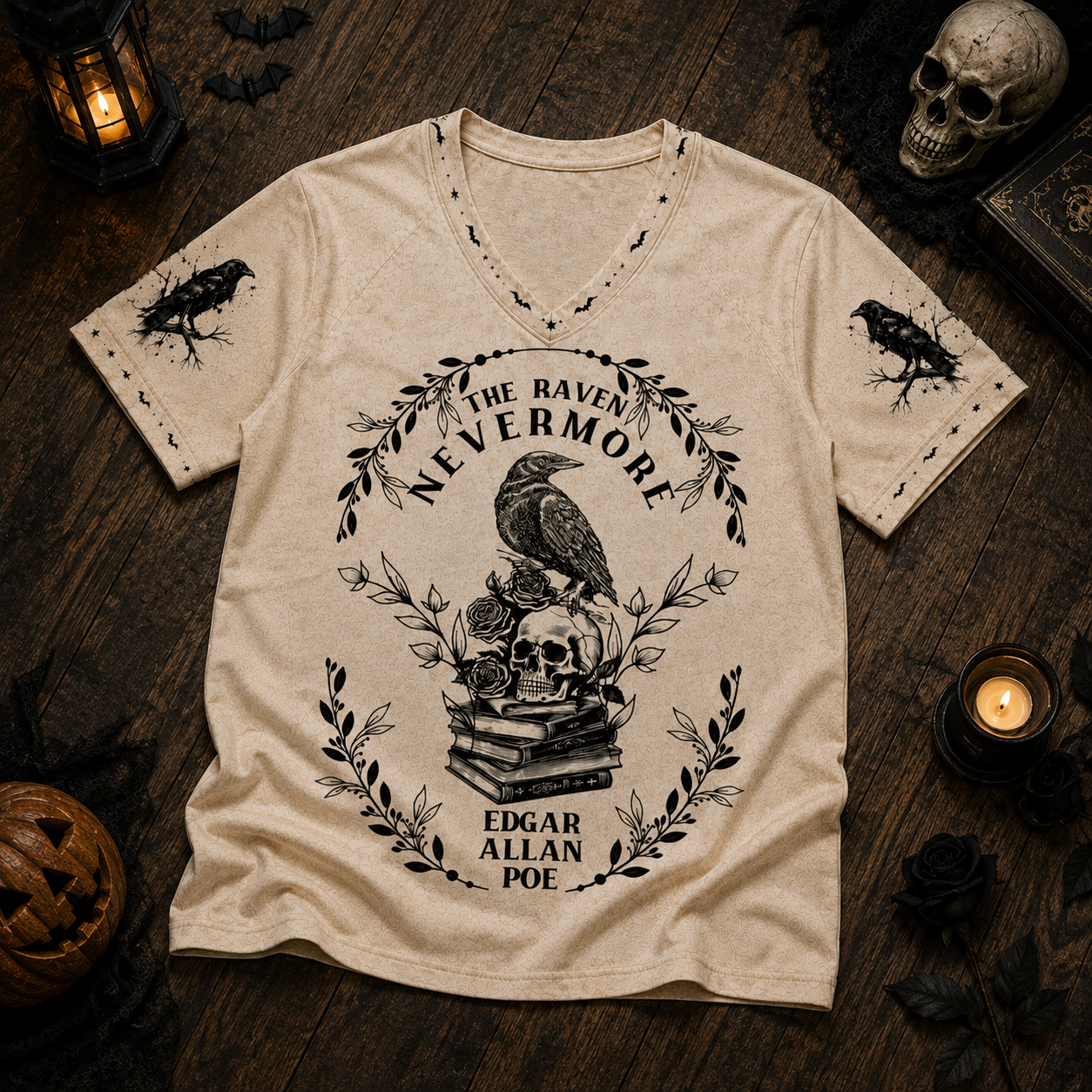 The Raven Nevermore Edgar Allan Poe V-Neck T-Shirt, Gothic Raven Skull Graphic Tee, Dark Academia Halloween Shirt, Literary Horror Gift