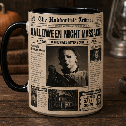 Michael Myers Halloween Mug, Haddonfield Tribune Newspaper Coffee Cup, Halloween Night Massacre Horror Mug,