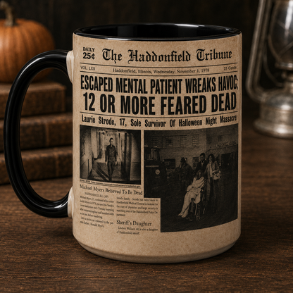 Michael Myers Halloween Mug, Haddonfield Tribune Newspaper Coffee Cup, Halloween Night Massacre Horror Mug,