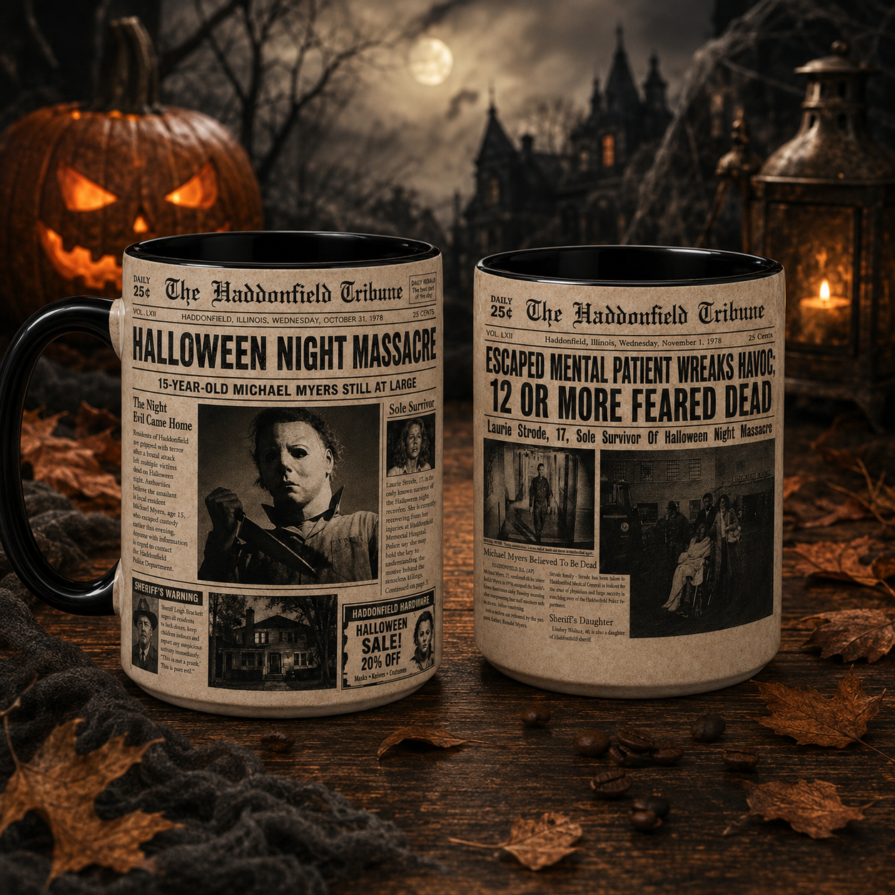 Michael Myers Halloween Mug, Haddonfield Tribune Newspaper Coffee Cup, Halloween Night Massacre Horror Mug,