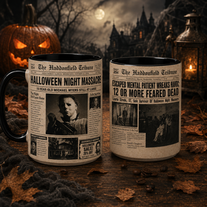 Michael Myers Halloween Mug, Haddonfield Tribune Newspaper Coffee Cup, Halloween Night Massacre Horror Mug,
