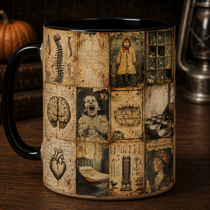 Journal Mad Asylum Horror Coffee Mug, Gothic Anatomy Collage Mug, Creepy Asylum Halloween Coffee Cup, Dark Academia Gift for Horror Fans