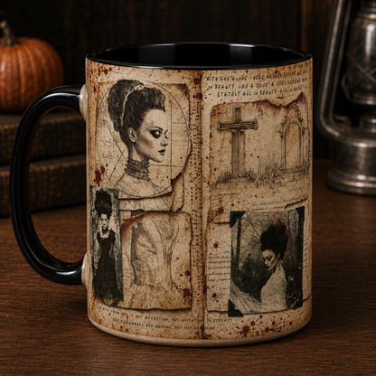 Bride of Frankenstein Gothic Coffee Mug, Vintage Horror Collage Mug, Classic Monster Movie Coffee Cup, Halloween Gothic Gift