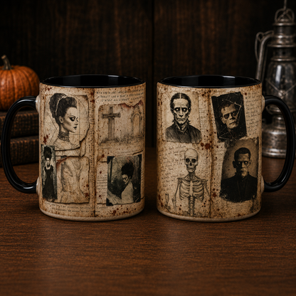 Bride of Frankenstein Gothic Coffee Mug, Vintage Horror Collage Mug, Classic Monster Movie Coffee Cup, Halloween Gothic Gift