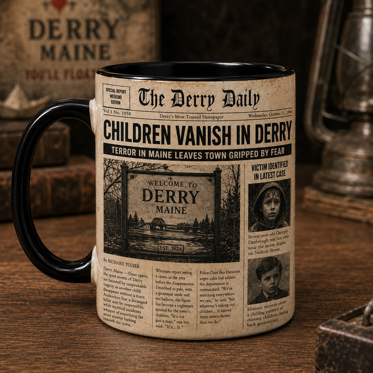 IT Pennywise Derry Mug, Children Vanish in Derry Newspaper Coffee Mug, Stephen King Horror Cup, Halloween Clown Fan Gift