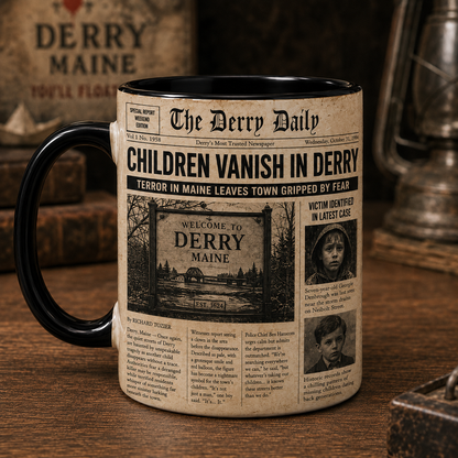 IT Pennywise Derry Mug, Children Vanish in Derry Newspaper Coffee Mug, Stephen King Horror Cup, Halloween Clown Fan Gift