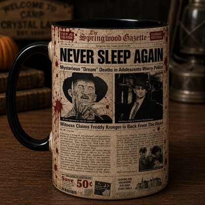Freddy Krueger Nightmare on Elm Street Mug, Never Sleep Again Coffee Mug, Horror Newspaper Ceramic Cup, Halloween Mug
