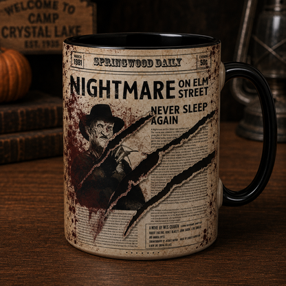 Freddy Krueger Nightmare on Elm Street Mug, Never Sleep Again Coffee Mug, Horror Newspaper Ceramic Cup, Halloween Mug