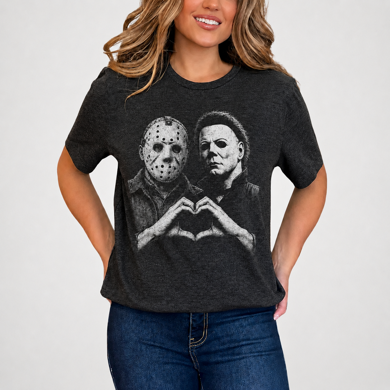 Jason Voorhees & Michael Myers T-Shirt, Horror Slasher Graphic Tee, Halloween Killer Heart Hands Shirt