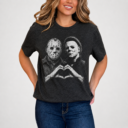 Jason Voorhees & Michael Myers T-Shirt, Horror Slasher Graphic Tee, Halloween Killer Heart Hands Shirt