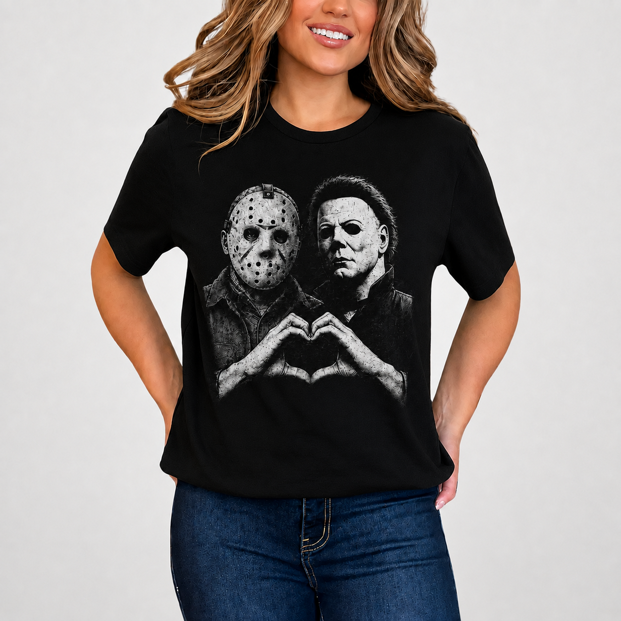 Jason Voorhees & Michael Myers T-Shirt, Horror Slasher Graphic Tee, Halloween Killer Heart Hands Shirt