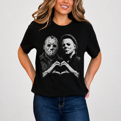 Jason Voorhees & Michael Myers T-Shirt, Horror Slasher Graphic Tee, Halloween Killer Heart Hands Shirt