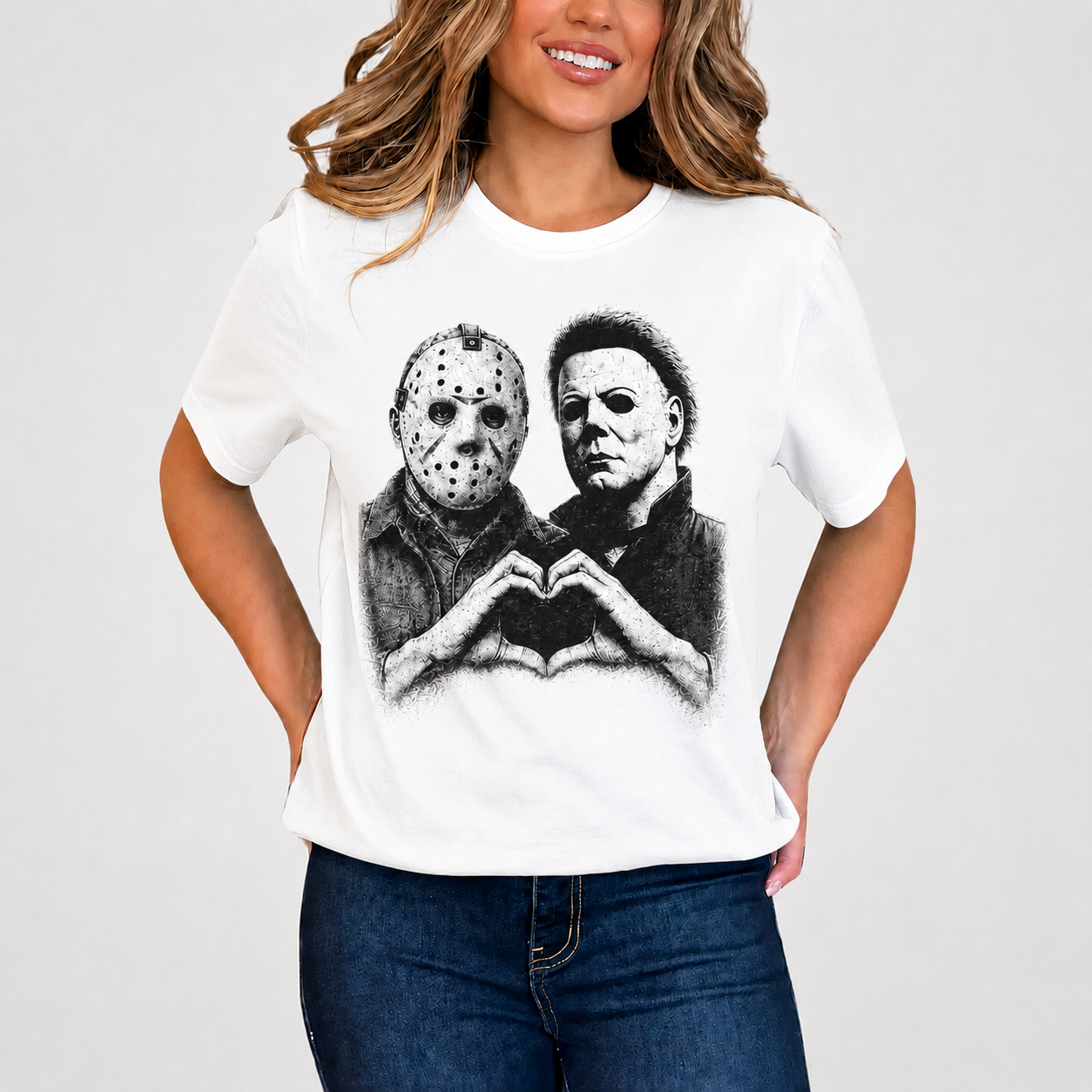 Jason Voorhees & Michael Myers T-Shirt, Horror Slasher Graphic Tee, Halloween Killer Heart Hands Shirt