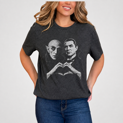 Nosferatu & Dracula T-Shirt, Classic Vampire Horror Graphic Tee, Gothic Heart Hands Shirt, Halloween Horror Gift