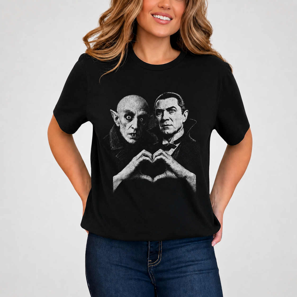 Nosferatu & Dracula T-Shirt, Classic Vampire Horror Graphic Tee, Gothic Heart Hands Shirt, Halloween Horror Gift