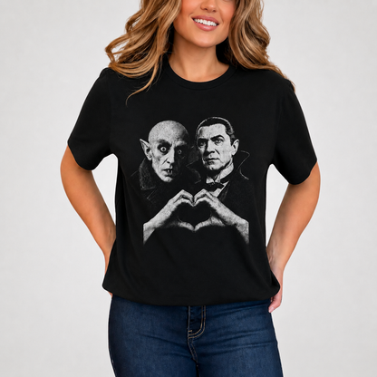 Nosferatu & Dracula T-Shirt, Classic Vampire Horror Graphic Tee, Gothic Heart Hands Shirt, Halloween Horror Gift