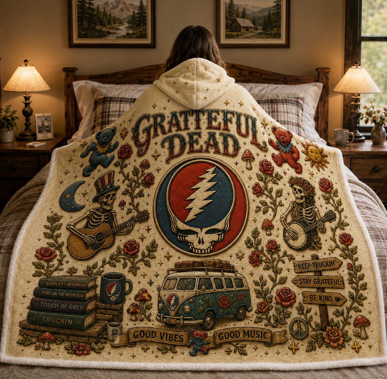 Grateful Dead Hooded Blanket, Steal Your Face Sherpa Hooded Blanket, Dancing Bears Gift, Deadhead Hooded Throw, Cozy Music Blanket