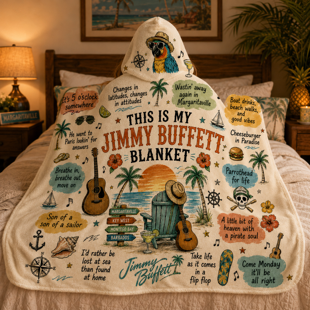 Jimmy Buffett Hooded Blanket, Margaritaville Parrothead Blanket, Tropical Beach Music Lover Gift
