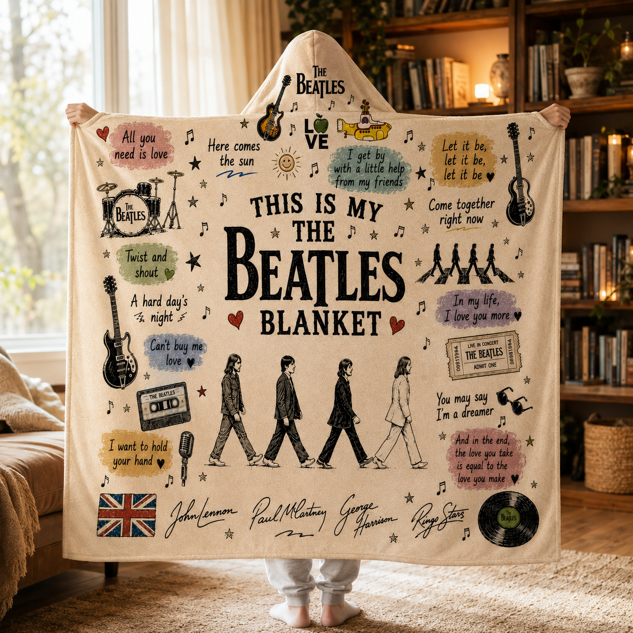 The Beatles Hooded Blanket, Classic Rock Music Blanket, Abbey Road Beatles Fan Gift, Music Lover Blanket