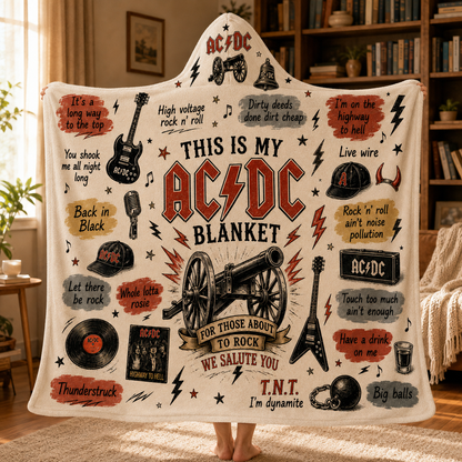 AC/DC Hooded Blanket, Rock Band Sherpa Blanket, Highway to Hell Thunderstruck Rock Music Gift