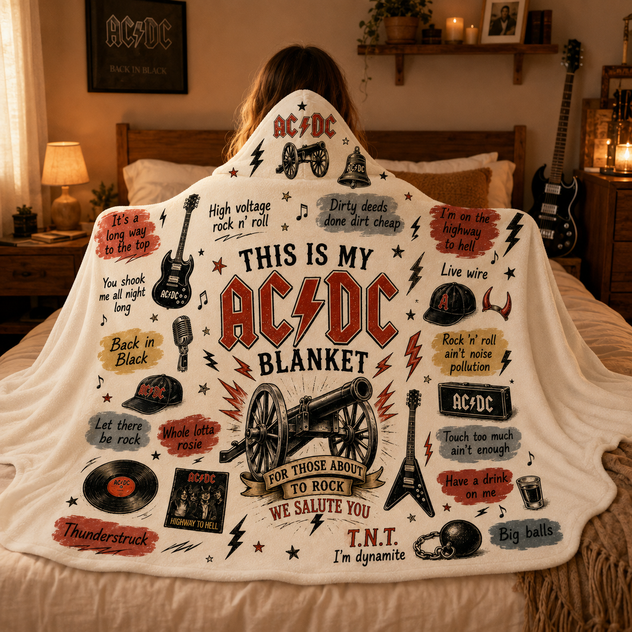 AC/DC Hooded Blanket, Rock Band Sherpa Blanket, Highway to Hell Thunderstruck Rock Music Gift