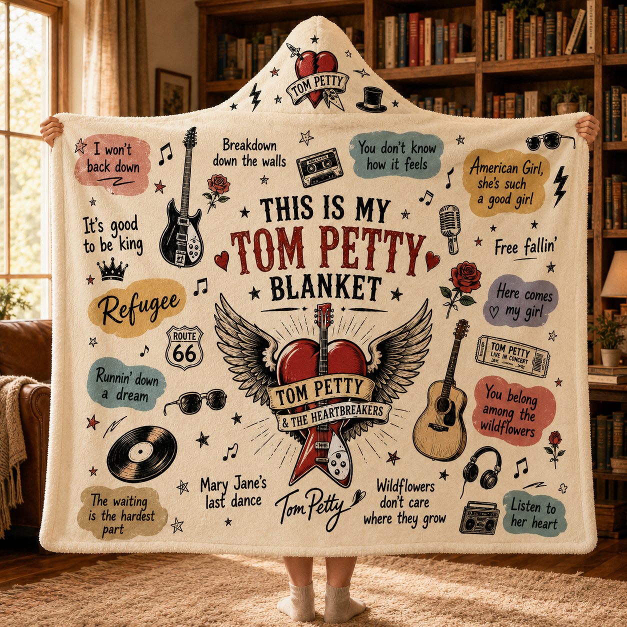 Tom Petty Hooded Blanket, Tom Petty and The Heartbreakers Blanket, Classic Rock Music Fan Gift, Wildflowers Blanket