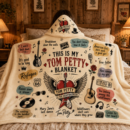 Tom Petty Hooded Blanket, Tom Petty and The Heartbreakers Blanket, Classic Rock Music Fan Gift, Wildflowers Blanket