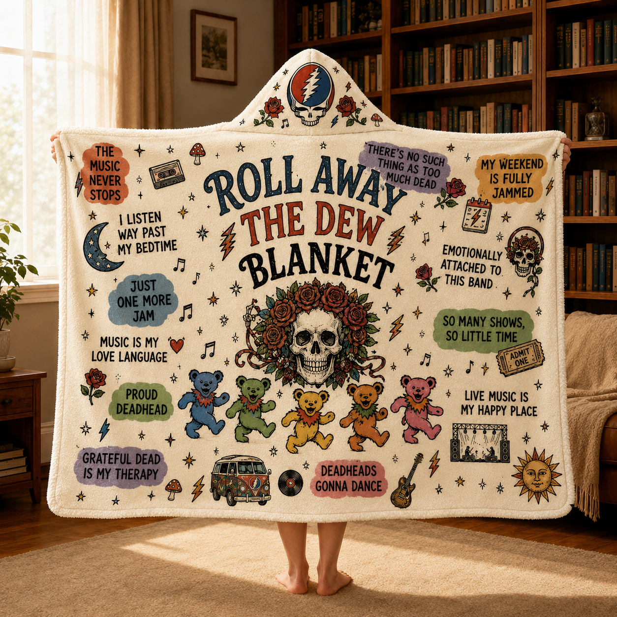 Grateful Dead Hooded Blanket, Roll Away the Dew Blanket, Dancing Bears Deadhead Music Lover Gift