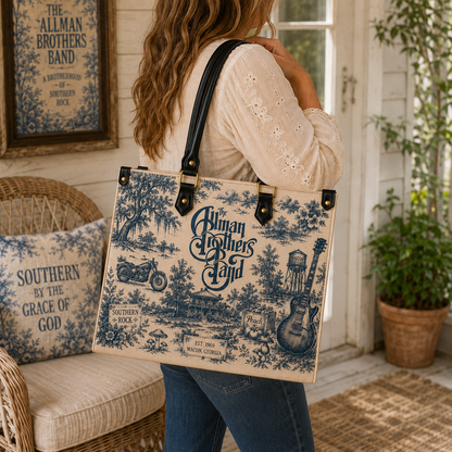 The Allman Brothers Band Vintage Toile Leather Handbag, Leather Tote Bag, Leather Wallet Set - Luxury Rock Music Accessories