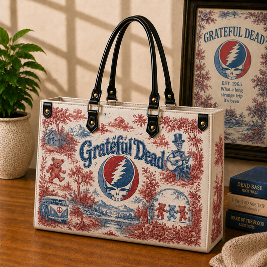Grateful Dead Vintage Toile Leather Handbag, Leather Tote Bag, Leather Wallet Set - Luxury Rock Music Accessories