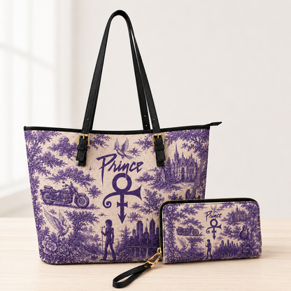 Prince Vintage Purple Toile Leather Handbag, Leather Tote Bag, Leather Wallet Set - Luxury Rock Music Accessories