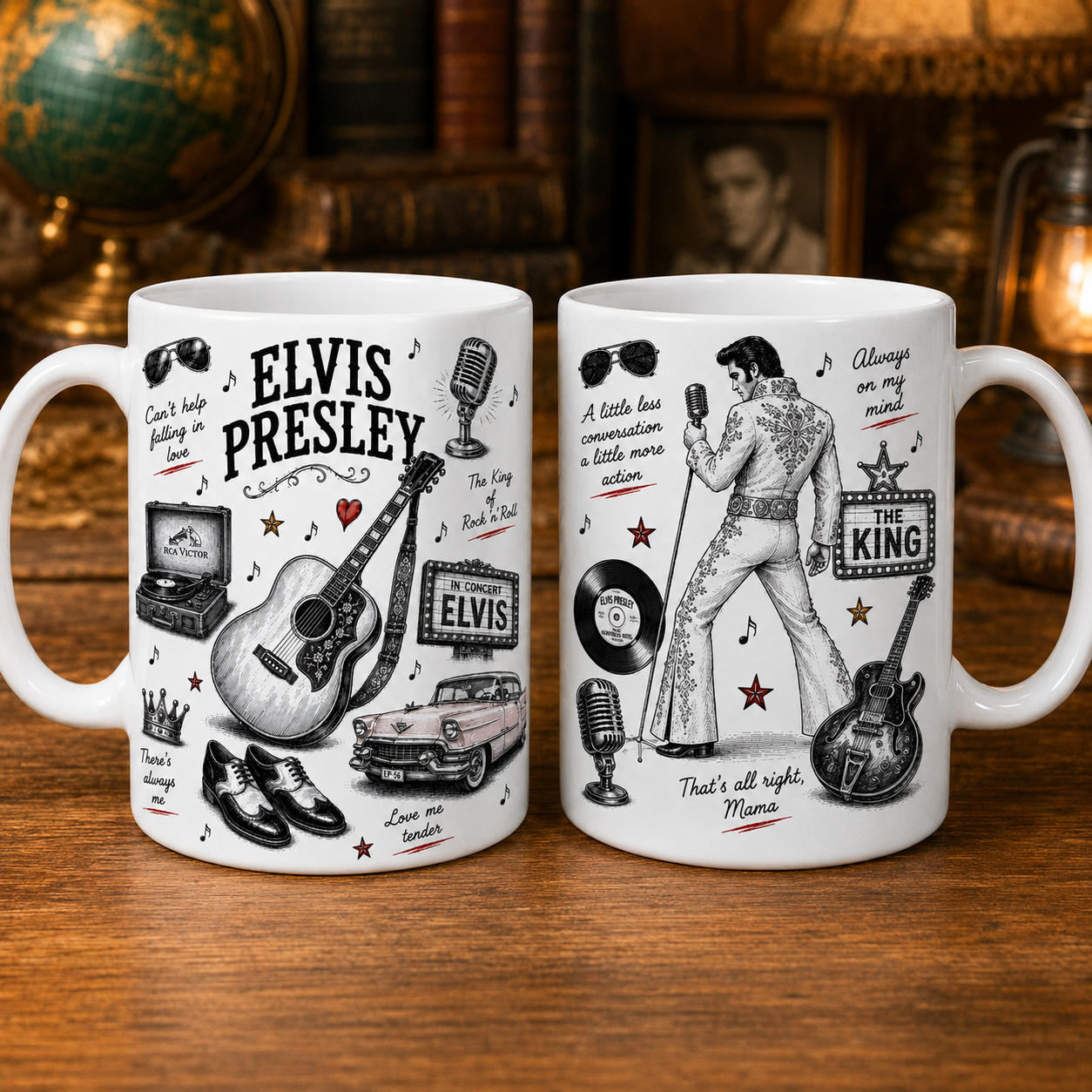 Elvis Presley Sketch Coffee Mug - Vintage Rock 'n' Roll Ceramic Mug - The King of Rock and Roll Gift for Elvis Fans