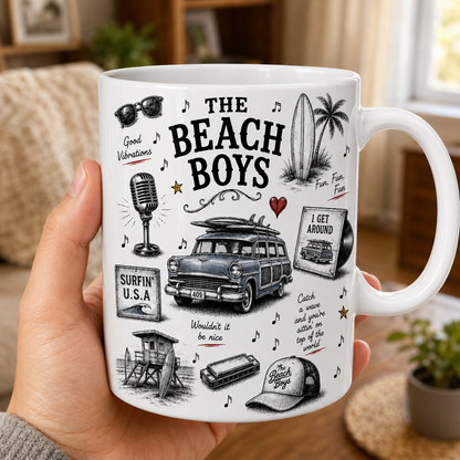 The Beach Boys Sketch Ceramic Mug, Vintage Surf Rock Coffee Mug, Good Vibrations Gift, Beach Boys Fan Gift
