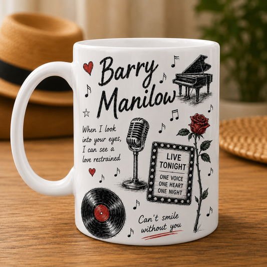 Barry Manilow Mug – Vintage Music Sketch Coffee Mug For Barry Manilow Fans And Music Lovers