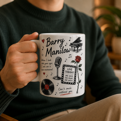 Barry Manilow Mug – Vintage Music Sketch Coffee Mug For Barry Manilow Fans And Music Lovers