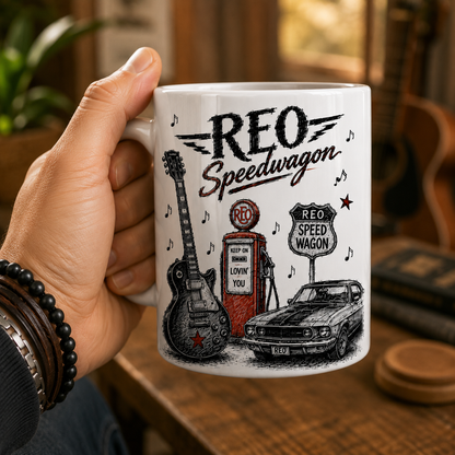 REO Speedwagon Vintage Sketch Coffee Mug – Classic Rock Ceramic Mug Gift for Fans