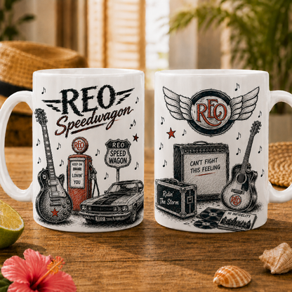 REO Speedwagon Vintage Sketch Coffee Mug – Classic Rock Ceramic Mug Gift for Fans