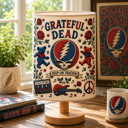 Grateful Dead Fabric Table Lamp – Music Room Decor Wooden Bedside Lamp