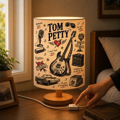 Tom Petty Sketch Fabric Table Lamp – Music Room Decor Wooden Bedside Lamp Gift