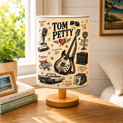 Tom Petty Sketch Fabric Table Lamp – Music Room Decor Wooden Bedside Lamp Gift