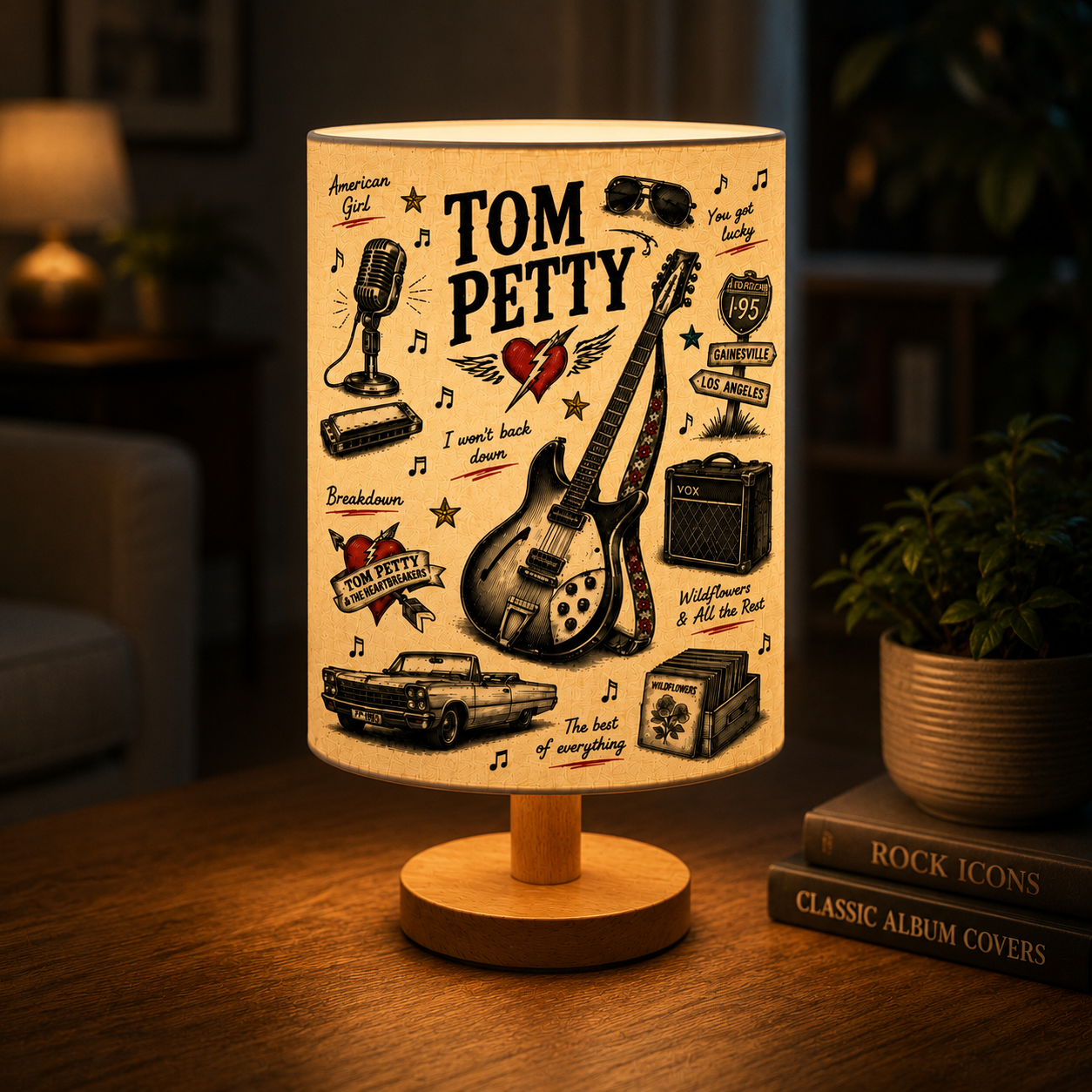 Tom Petty Sketch Fabric Table Lamp – Music Room Decor Wooden Bedside Lamp Gift