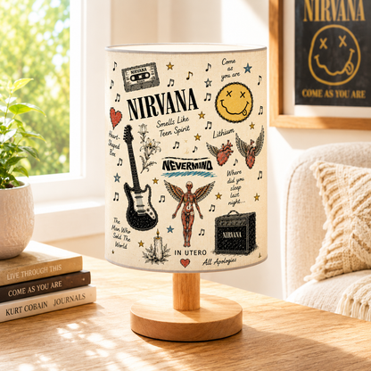 Nirvana Sketch Fabric Table Lamp – Grunge Music Room Decor Wooden Bedside Lamp