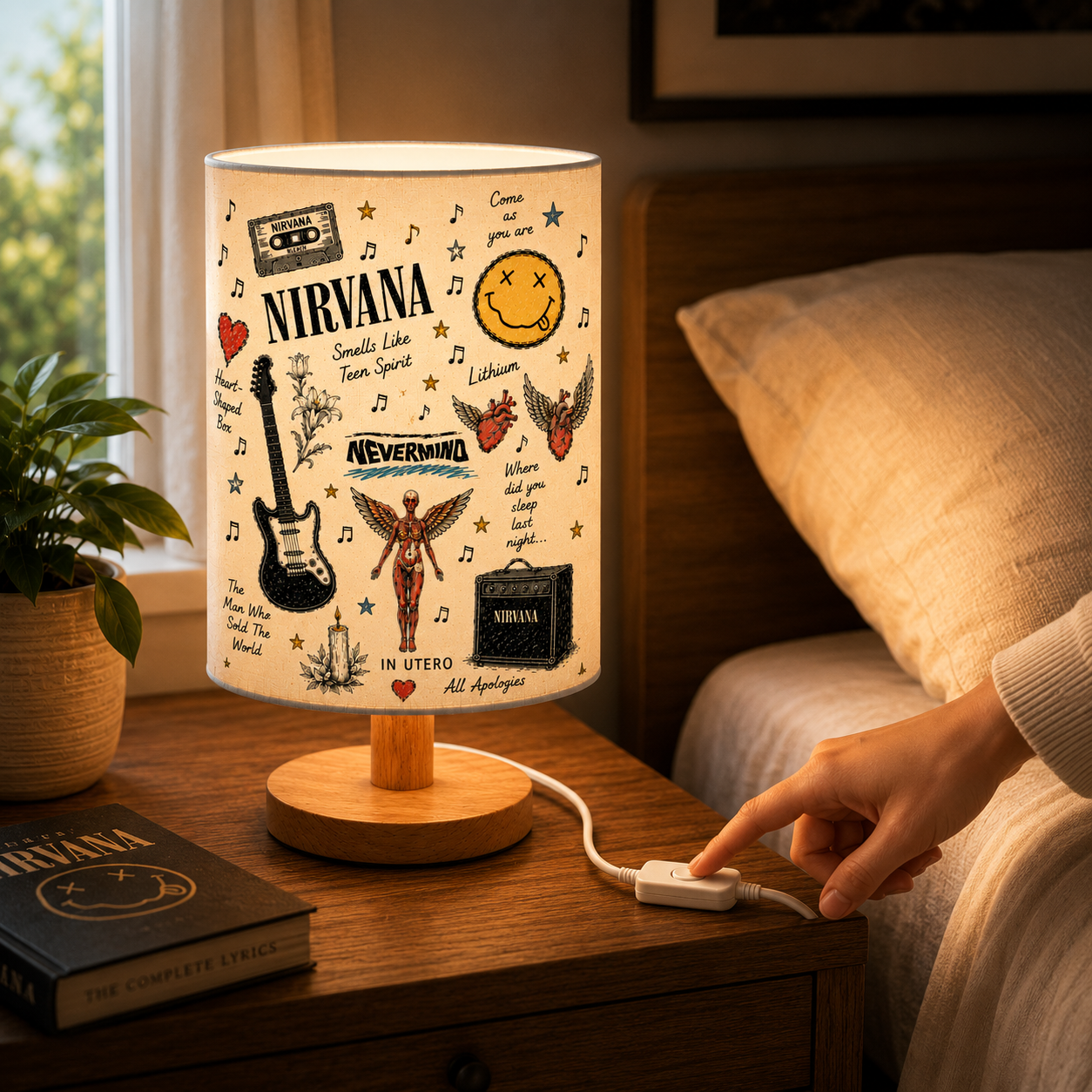 Nirvana Sketch Fabric Table Lamp – Grunge Music Room Decor Wooden Bedside Lamp