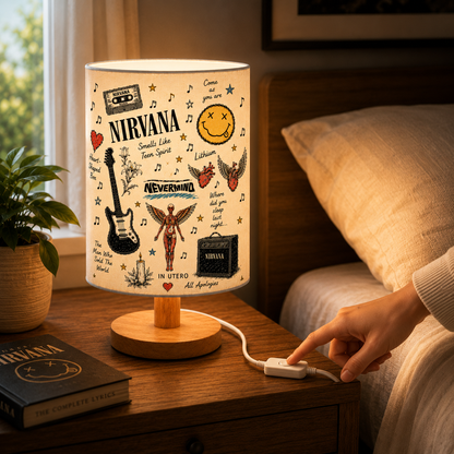 Nirvana Sketch Fabric Table Lamp – Grunge Music Room Decor Wooden Bedside Lamp