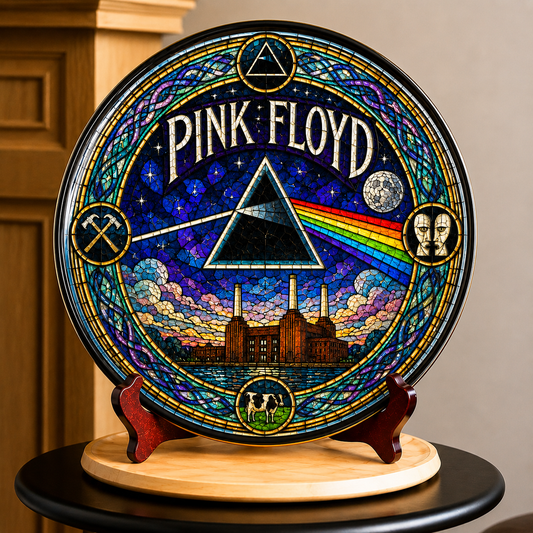 Pink Floyd Decorative Ceramic Plate with Stand – Stained Glass Rock Art Gift