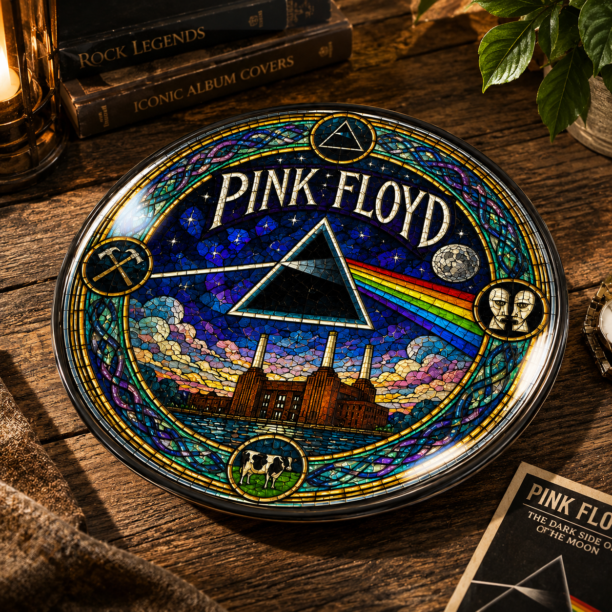 Pink Floyd Decorative Ceramic Plate with Stand – Stained Glass Rock Art Gift
