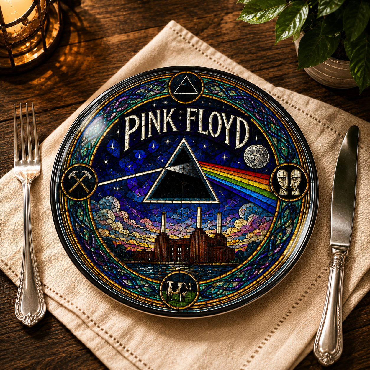 Pink Floyd Decorative Ceramic Plate with Stand – Stained Glass Rock Art Gift